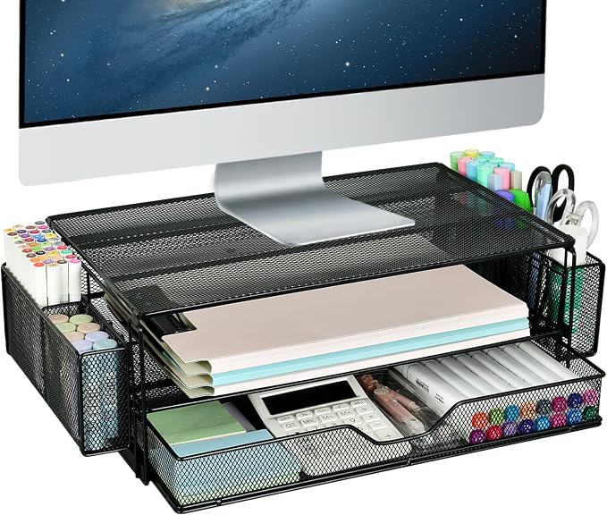 AUPSEN 2 Tier Computer Monitor Stands with Drawer and 2 Pencil Holder, Metal Monitor Stand Monitor riser, Computer Desk Organizer and Accessories for Laptop, Computer, Printer, Office Supplies(Black) by AUPSEN