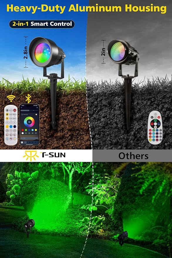 T-SUN Smart Color Changing Landscape Lights, RGBW Spotlights Outdoor with App & Remote, Music Sync, DIY Scenes, Timing, Dimmable Waterproof Spot Light for Yard Garden Tree Decoration, 6 Pack - Image 6
