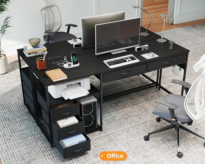 YOSHOOT 60" Computer Desk with 5 Fabric Drawers, Gaming Desk Table | Desk with Storage and Power Outlets, for Adults and Teenagers Working Writing Study, Black - Image 2
