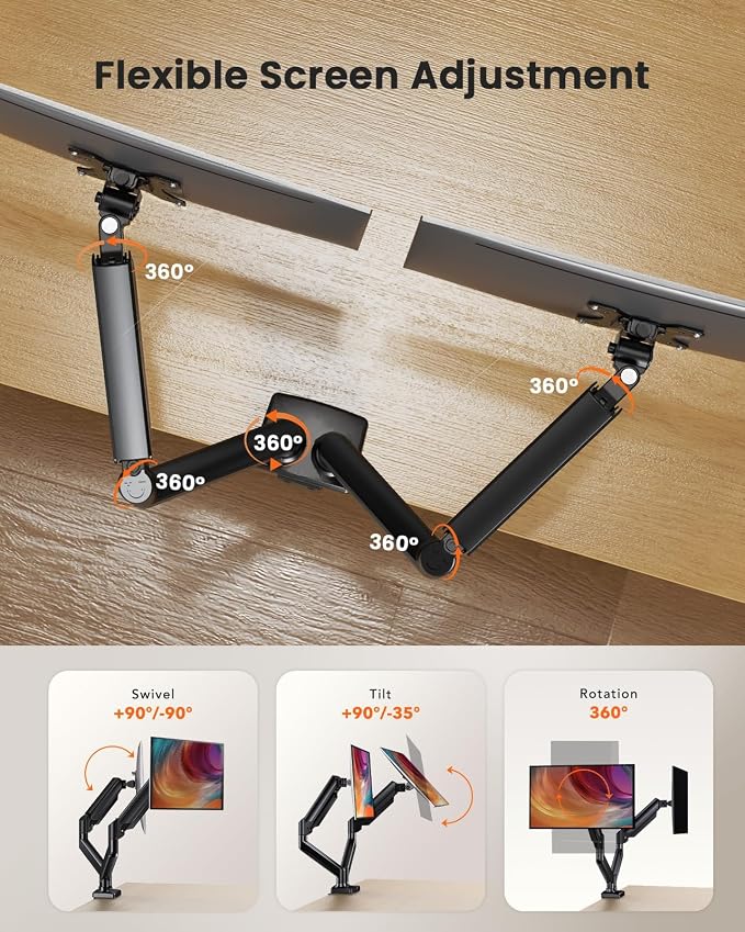 ErGear Dual Monitor Stand up to 33 inches Screen, Load-Bearing Max 22 lbs Each Arm, Adjustable Dual Monitor Mount, Sturdy Steel vesa Monitor Mount with Stable VESA 75x75 100x100mm - Image 4