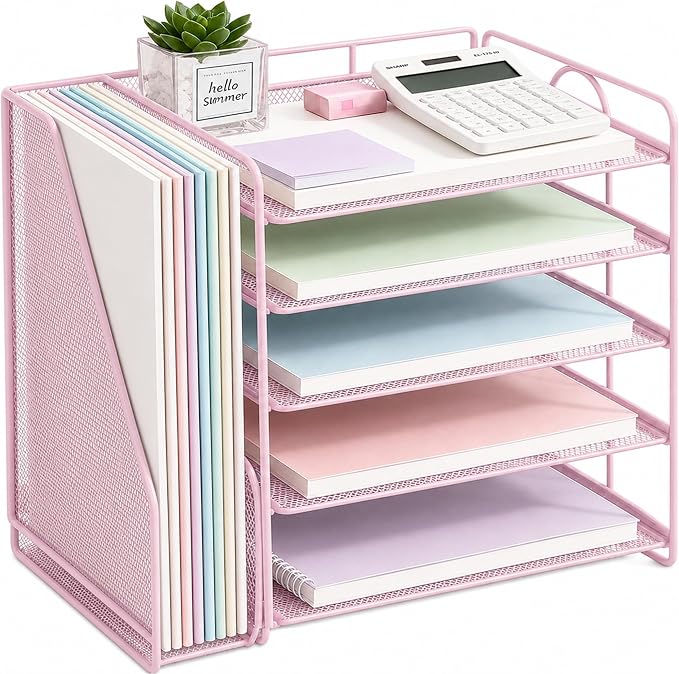OPNICE Desk Organizer, 5-Tier Paper Organizer Letter Tray with Magazine Holder, Office Desk Accessories & Workspace Organizers, Desktop File Organizer for Office Supplies Storage, Pink by OPNICE