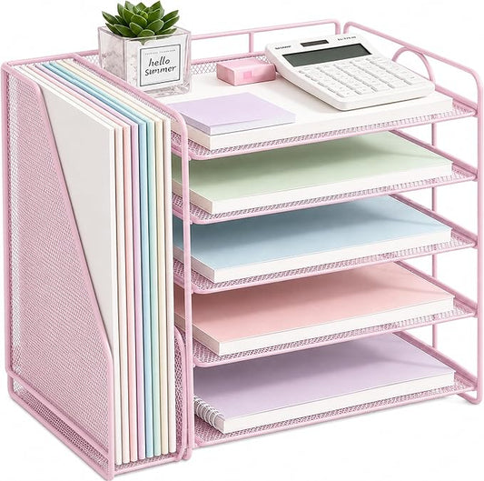 OPNICE Desk Organizer, 5-Tier Paper Organizer Letter Tray with Magazine Holder, Office Desk Accessories & Workspace Organizers, Desktop File Organizer for Office Supplies Storage, Pink by OPNICE