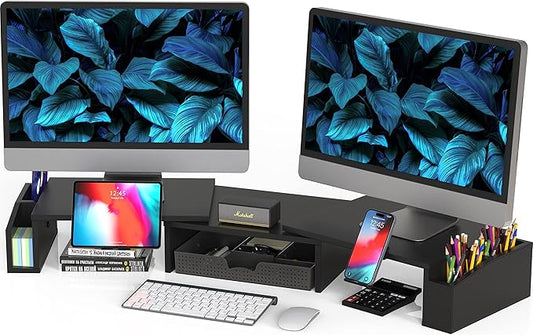 Simple Houseware Desk Dual Monitor Stand Riser with Drawer, Black | Customizable Organizer Tray, Built-In Phone & Tablet Slot and Side Storage by SimpleHouseware