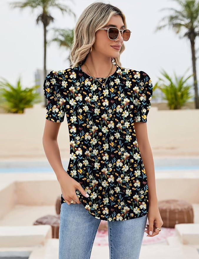 Ivicoer Puff Short Sleeve Shirt for Women Eyelet Tops Summer Crewneck Blouse Loose Fit S-XXL - Image 2