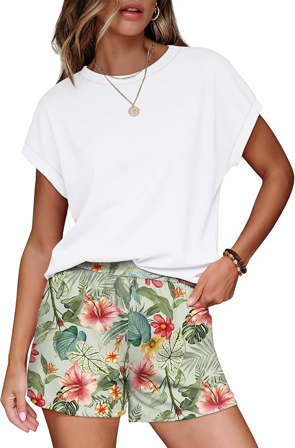 WIHOLL Two Piece Sets for Women Summer Lounge Short Sets Cap Sleeve Crew Neck Sweatsuit with Pocket XS-2XL - Image 2