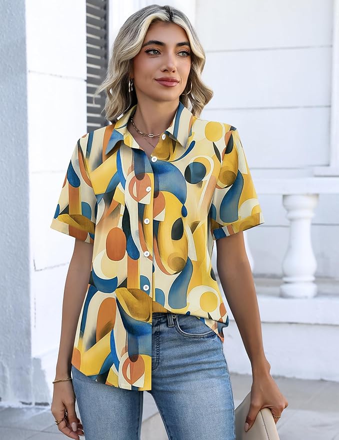 Zeagoo Button Down Shirts for Women Short Sleeve Collared Tops Dressy Casual V Neck Blouses - Image 4