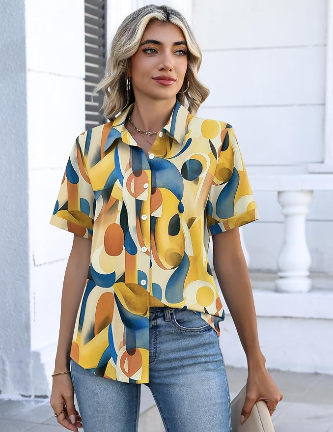 Zeagoo Button Down Shirts for Women Short Sleeve Collared Tops Dressy Casual V Neck Blouses - Image 4