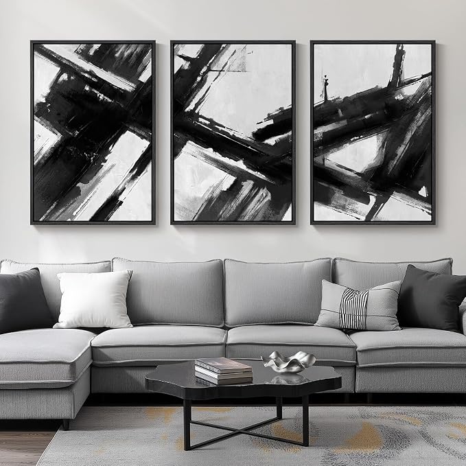 Large Framed Black and White Abstract Canvas Wall Art for Living Room, 3 Piece Modern Prints Paintings Artwork for Walls, Minimalist Abstract Brushstroke Pictures for Hallway Dining Office Wall Decor 24x36 Inch by Cuspin