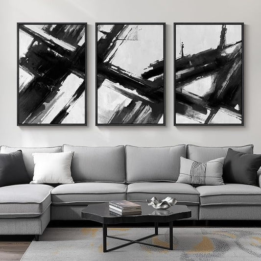 Large Framed Black and White Abstract Canvas Wall Art for Living Room, 3 Piece Modern Prints Paintings Artwork for Walls, Minimalist Abstract Brushstroke Pictures for Hallway Dining Office Wall Decor 24x36 Inch by Cuspin