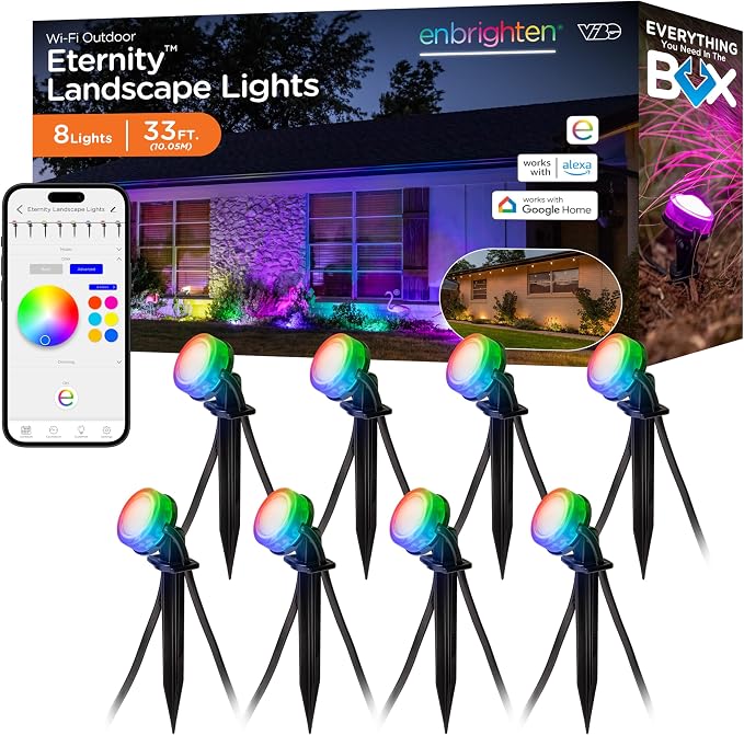Enbrighten Vibe Eternity Garden Lights, 33ft, 8 RGBWIC LEDs, Waterproof, Uplights, Outdoor Landscape Lighting, Home Exterior Spotlight, Smart App, Works with Alexa, Google Home, 83789 by Enbrighten