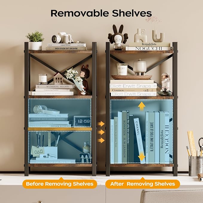 2-Pack Desktop Bookshelf, 4-Tier Stackable Narrow Bookcase, Adjustable Industrial Desk Organizer & Hutch - Rustic Brown Wood Desktop Book Organizer for Living Room, Bedroom & Home Office - Image 4