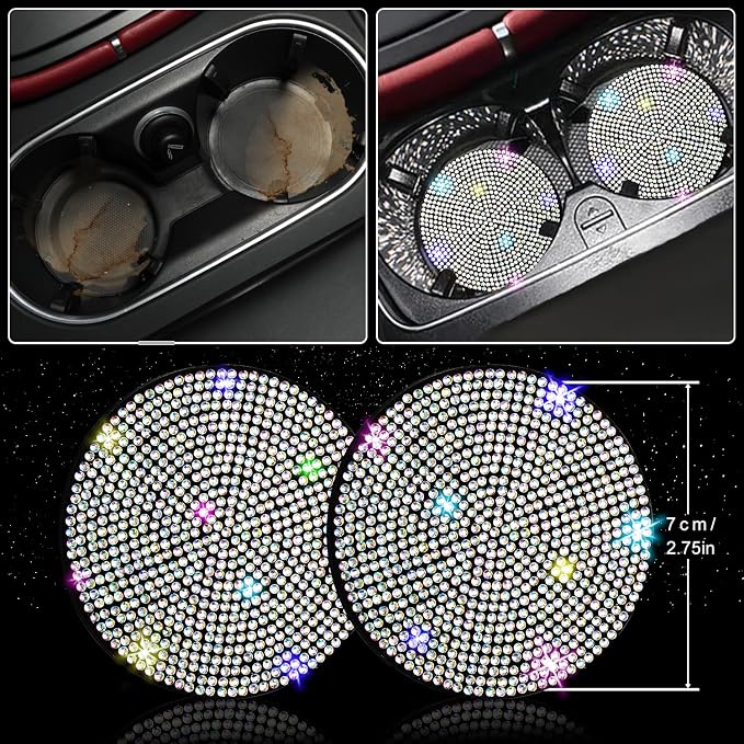 NBTEPEM 27 PCs Multicolor Bling Car Accessories Set for Women, Steering Wheel Covers Universal Fit 15 Inch, Bling License Plate Frame, Bling Phone Holder, Bling Car Coasters - Image 6