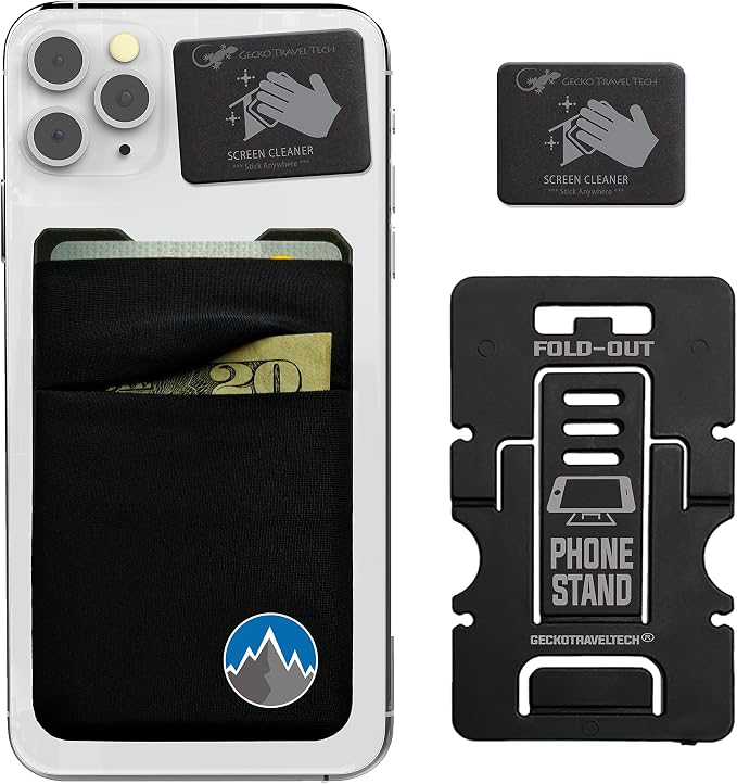 Gecko Travel Tech Double Pocket - Adhesive Card Holder - Cell Phone Pouch - Stick on Spandex Pocket - Carry Credit Cards and Cash (Mountain) by GeckoTravelTech