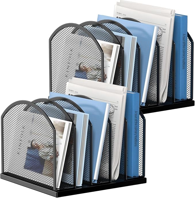 2 Pack Gawerk 5-Section Vertical Desktop Organizer, 5-Section Mesh File Folder Stand Sorter for Office Home Classroom Organization, Black by Gawerk