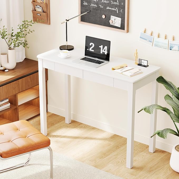 Wood Desk with Drawers - Solid Wood Mid Century Modern Desks for Bedroom, Small Computer Desk for PC, Laptop, Study, Makeup, 39.4 W x 29.5 H x 15.75 D in, White by Sumbame