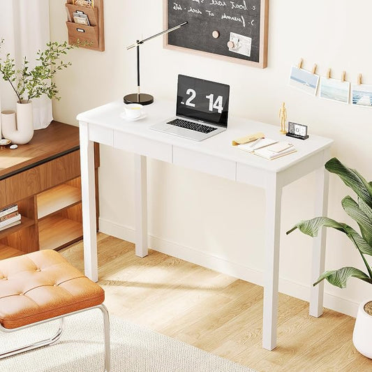 Wood Desk with Drawers - Solid Wood Mid Century Modern Desks for Bedroom, Small Computer Desk for PC, Laptop, Study, Makeup, 39.4 W x 29.5 H x 15.75 D in, White by Sumbame