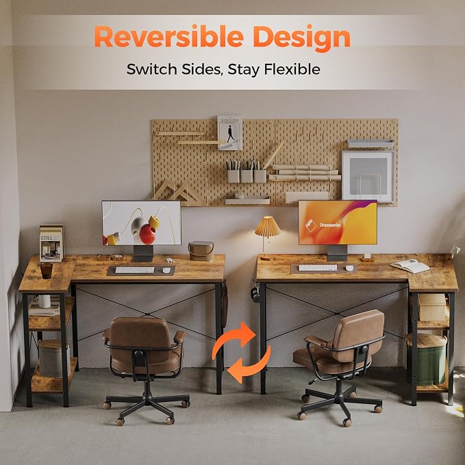 Mericonia 39 inch Corner Desk with Shelves, Small L Shaped Gaming Desk | Reversible Computer Desk with Hooks, Office Table for Home Bedroom Study Work Writing - Image 7