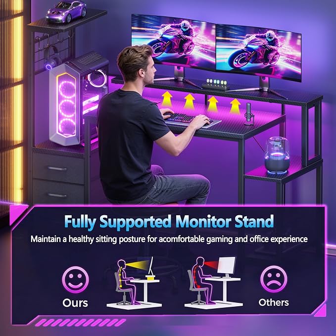 Korfile 48" Gaming Desk with Power Outlet, LED, Drawers, Carbon Fiber Black | Reversible，Computer Desk, Gamer Table, with Fabric Drawers & Side Hook, with Monitor Stand, for Game Room, Home Office - Image 9