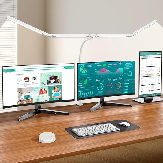 Pzloz Led Desk Lamp with Clamp: Architect Desk Lamp for Home Office, Eye Caring Double Head Computer Monitor Work Desk Light with Remote Control - 24W Flexible Dimmable Desktop Table Lamp White by LedDeskLamp-Pzloz
