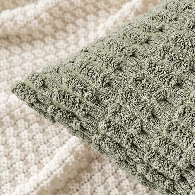 MIULEE Pack of 2 Corduroy Decorative Throw Pillow Covers 18x18 Inch Soft Boho Striped Pillow Covers Modern Farmhouse Home Decor for Summer Sofa Living Room Couch Bed Light Olive Green - Image 4