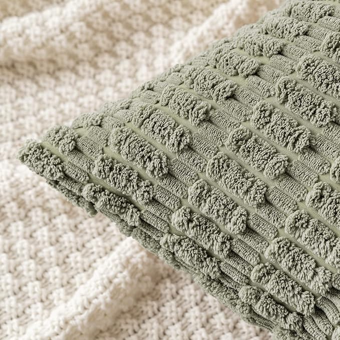 MIULEE Pack of 2 Corduroy Decorative Euro Sham Throw Pillow Covers 24x24 Inch Soft Boho Striped Pillow Covers Modern Farmhouse Home Decor for Summer Sofa Living Room Couch Bed Light Olive Green - Image 2