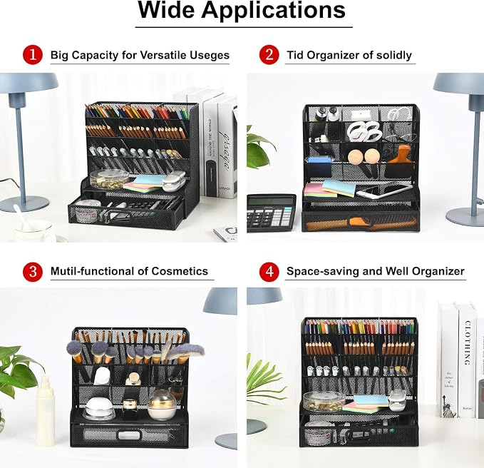 Marbrasse Mesh Pen Holder for Desk, Multi-Functional Pencil Organizer with Drawer, Desk Organizers and Accessories for Office Art Supplies (Large Black) - Image 4