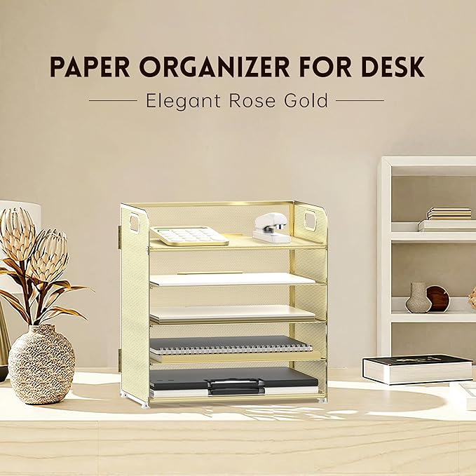 Supeasy 5 Trays Paper Organizer Letter Tray with Handle-Mesh Desk File Organizer, Paper Sorter Desk Organizer for Office, Home or School (Golden) - Image 2