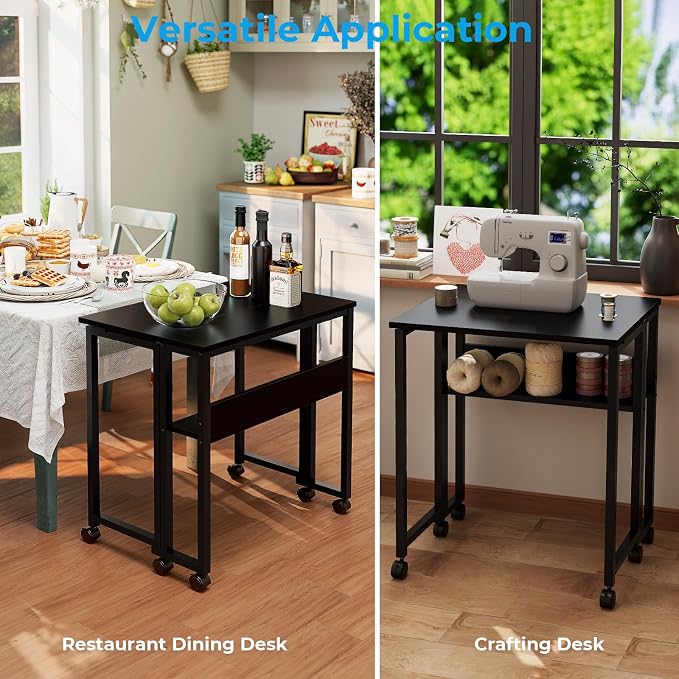 GreenForest Folding Desk with Wheels, 31.5" Rolling Table for Small Spaces | Storage Shelf, Lockable Casters, Compact Portable Workstation, Space-Saving Foldable Sofa Table, Home Office, Mobile, Black - Image 7