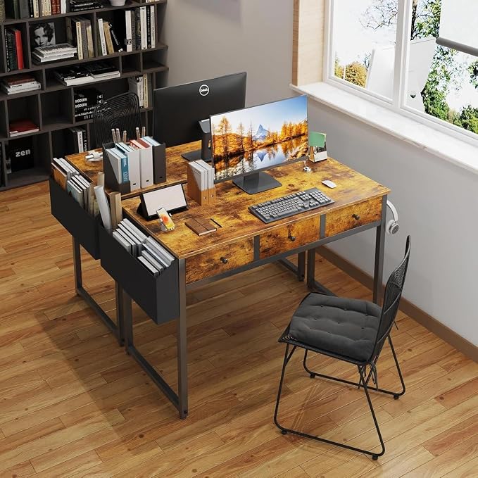 Lufeiya 40 Inch Desk with Drawers for Bedroom - 39 Inch Home Office Desks with 3 Fabric Storage Drawer and Pocket, Study Writing Table Rustic Computer Desk, Vintage Brown - Image 5