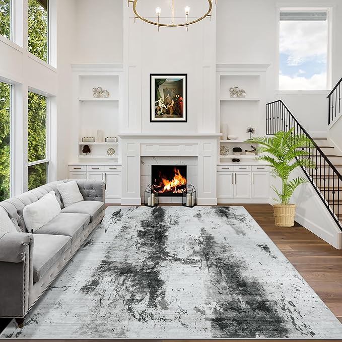 5x7 Area Rugs Washable Rug: Modern Abstract Living Room Rug Soft Anti-Skid Thin Carpet Indoor Floor Non-Shedding Carpets for Bedroom Dining Room Farmhouse Nursery Home Office Black White Grey by GENTDRIZZ
