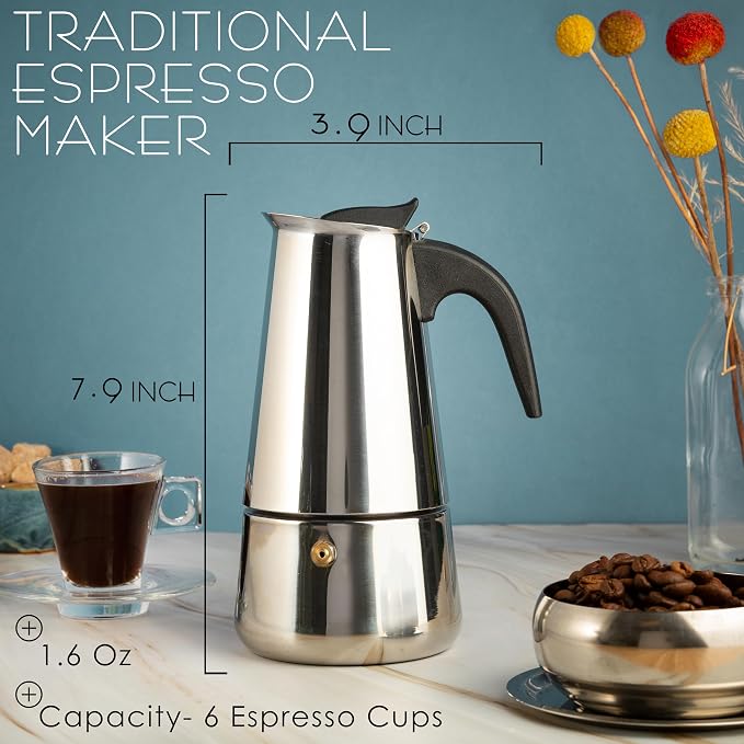 Mixpresso 6 Cup Greca Moka Pot, Stainless Steel Stovetop Espresso Maker | 300ml/10oz Italian stovetop coffee maker with classic percolator design, ideal for preparing coffee at home or while camping - Image 6