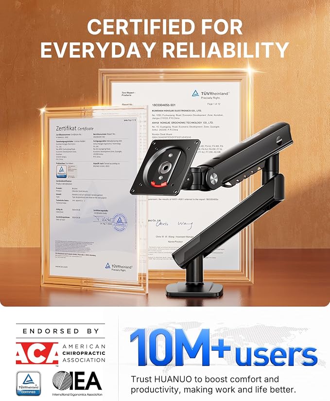 HUANUO FlowLift™ Pro Monitor Arm for 13–32" Screens, MechaSpring Monitor Mount, Fully-Adjustable Monitor Stand with Tilt/Swivel/Rotation, Tool-Free VESA Mount, C-Clamp/Grommet Base, Max Load 19.8 lbs - Image 9