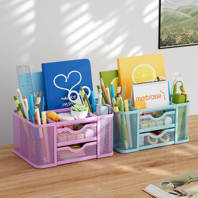 Marbrasse Mesh Desk Organizer, Pen Holder with 2 Drawer, Multi-Functional Pencil Holder, Desk Organizers and Accessories with 5 Compartments + Drawer for Office Art Supplies (Purple) - Image 5
