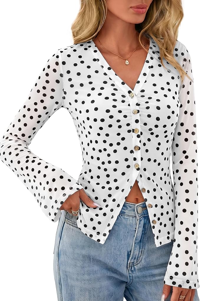 BTFBM Button Down Shirts for Women 2026 Fall Boho Tops V Neck Long Sleeve Blouses Ruched Mesh Fitted Fashion Clothing - Image 5