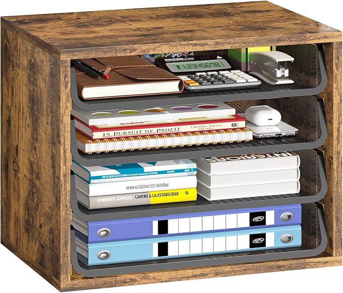 Simple Trending 4-Tier Desk File Organizer, Paper Organizer, Rustic Brown | Adjustable Letter Trays, Wood Desktop File Sorter, Farmhouse Style, for Office Home Classroom, 10.75"D x 15.2"W x 11.8"H by SimpleTrending