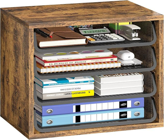 Simple Trending 4-Tier Desk File Organizer, Paper Organizer, Rustic Brown | Adjustable Letter Trays, Wood Desktop File Sorter, Farmhouse Style, for Office Home Classroom, 10.75"D x 15.2"W x 11.8"H by SimpleTrending