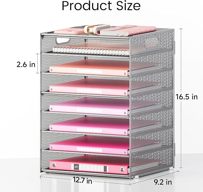 Lavatino 2 Pack 8-Tier Office Desk File Organizer, Letter Tray Paper Organizer with Handle, Including 5 Adjustable Slide Trays for Organizing Desk Workspace Accessories and Supplies (Silver Mesh) - Image 3