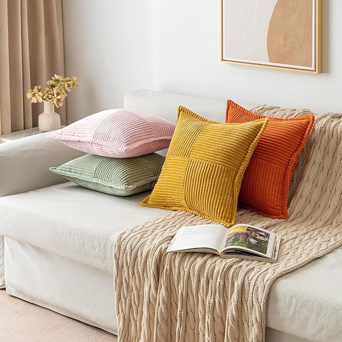 MIULEE Spring Decorative Throw Pillow Covers for Couch Bed Livingroom 18x18 Inch Set of 2 Pink Boho Accent Throw Pllows Broadside Striped Patchwork Soft Corduroy Pillowcases Valentine Decor - Image 8