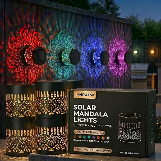 Solar Mandala Lights Outdoor Wall Projector Metal 7 Color Changing IP65 Waterproof Decorative Mounted Wireless Night Lighting for Yard Patio Fence Deck Pathway Garden Decor and Holiday Gifts by Unknown