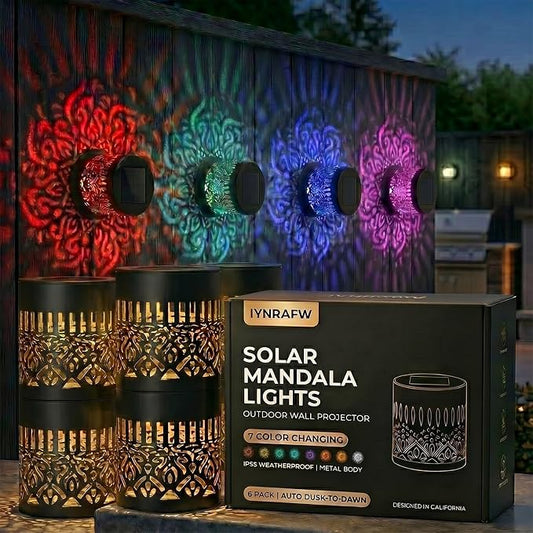 Solar Mandala Lights Outdoor Wall Projector Metal 7 Color Changing IP65 Waterproof Decorative Mounted Wireless Night Lighting for Yard Patio Fence Deck Pathway Garden Decor and Holiday Gifts by Unknown