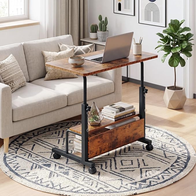 OLIXIS Rolling Desk, Storage Shelves, Laptop Table, Home Office | Height Adjustable Design, Computer Desks on Wheels, Portable for Small Spaces Use, Rustic Brown - Image 2