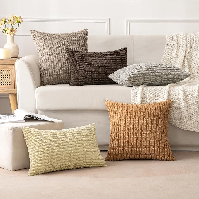 MIULEE Pack of 2 Corduroy Decorative Throw Pillow Covers 18x18 Inch Soft Boho Striped Pillow Covers Modern Farmhouse Home Decor for Sofa Living Room Couch Bed Brown - Image 2