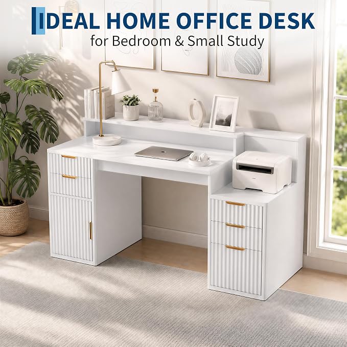 IDEALHOUSE Rectangular Computer Desk with Hutch & Printer Stand, Ripple Door Storage Home Office Desk, Space-Saving Study Writing Desk for Bedroom, Sturdy Board Student Desk with Easy Assembly - Image 6