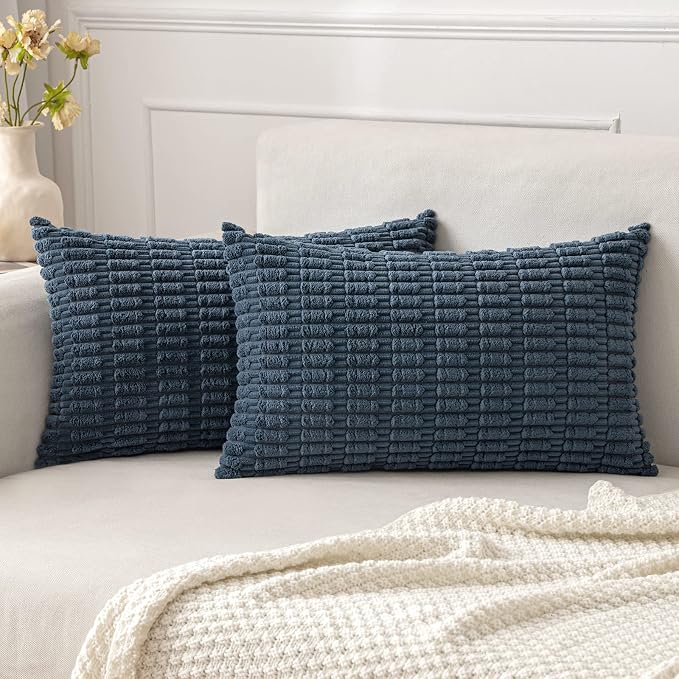 MIULEE Pack of 2 Corduroy Decorative Lumbar Throw Pillow Covers 20x12 Inch Soft Boho Striped Pillow Covers Modern Farmhouse Home Decor for Summer Coastal Sofa Living Room Couch Bed Blue by MIULEE