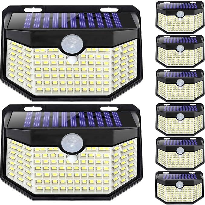 HMCITY 120 LED Outdoor Solar Lights with Motion Sensor and 3 Lighting Modes, IP65 Waterproof Wide Solar Wall Lights Ideal for Garden Patio Yard (Front Button 8Packs, Black Shell-Daylight White) by LightingUpYourLife