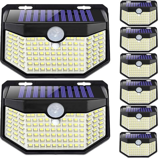 HMCITY 120 LED Outdoor Solar Lights with Motion Sensor and 3 Lighting Modes, IP65 Waterproof Wide Solar Wall Lights Ideal for Garden Patio Yard (Front Button 8Packs, Black Shell-Daylight White) by LightingUpYourLife