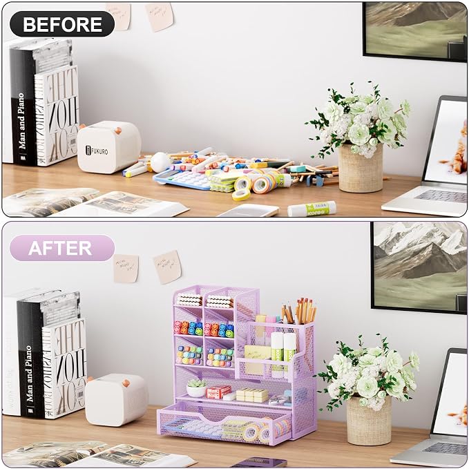 Marbrasse Mesh Pen Holder for Desk, Multi-Functional Pencil Organizer with Drawer, Desk Organizers and Accessories for Office Art Supplies (Purple) - Image 3
