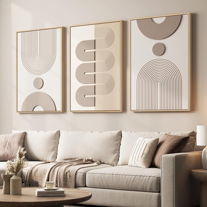 Large 3D Textured Framed Boho Neutral Abstract Wall Art for Living Room, 3 Piece Modern Paintings Artwork for Walls, Minimalist Beige White Geometric Pictures for Bedroom Hallway Office Wall Decor 24x36 In by Cuspin