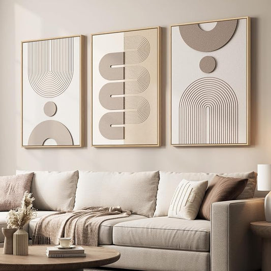 Large 3D Textured Framed Boho Neutral Abstract Wall Art for Living Room, 3 Piece Modern Paintings Artwork for Walls, Minimalist Beige White Geometric Pictures for Bedroom Hallway Office Wall Decor 24x36 In by Cuspin