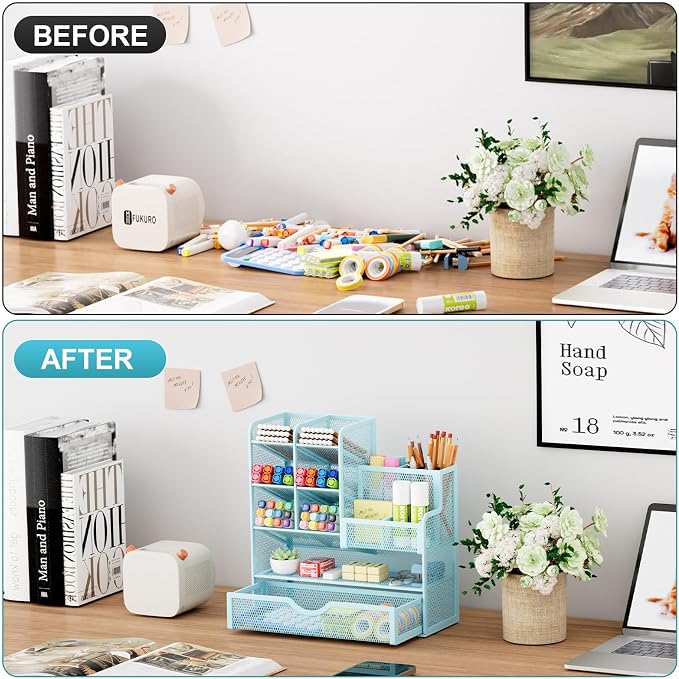 Marbrasse Mesh Pen Holder for Desk, Multi-Functional Pencil Organizer with Drawer, Desk Organizers and Accessories for Office Art Supplies (Blue) - Image 3